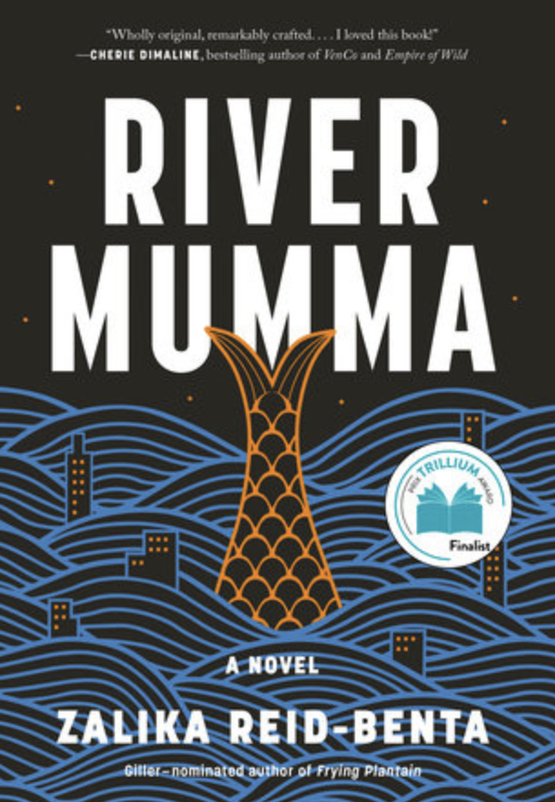 The cover of River Mumma by Zalika Reid-Benta, showing a stylized mermaid tail poking out of water.